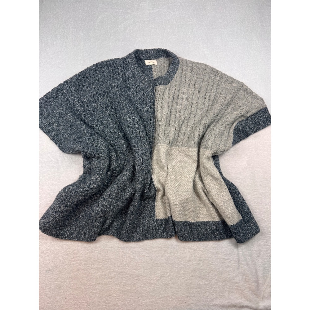 Lou & Grey Colorblock Mixed Knit Poncho Sweater Navy Grey Cream ML